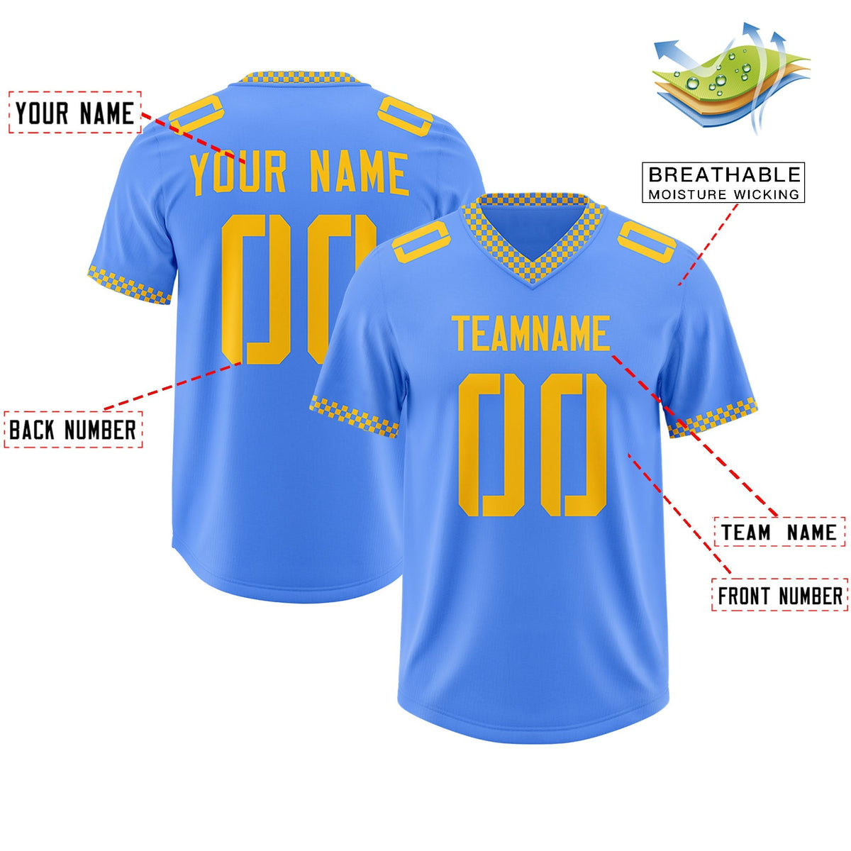 Custom Powder Blue Yellow Personalized Neckline Square Classic Authentic American Football Jersey