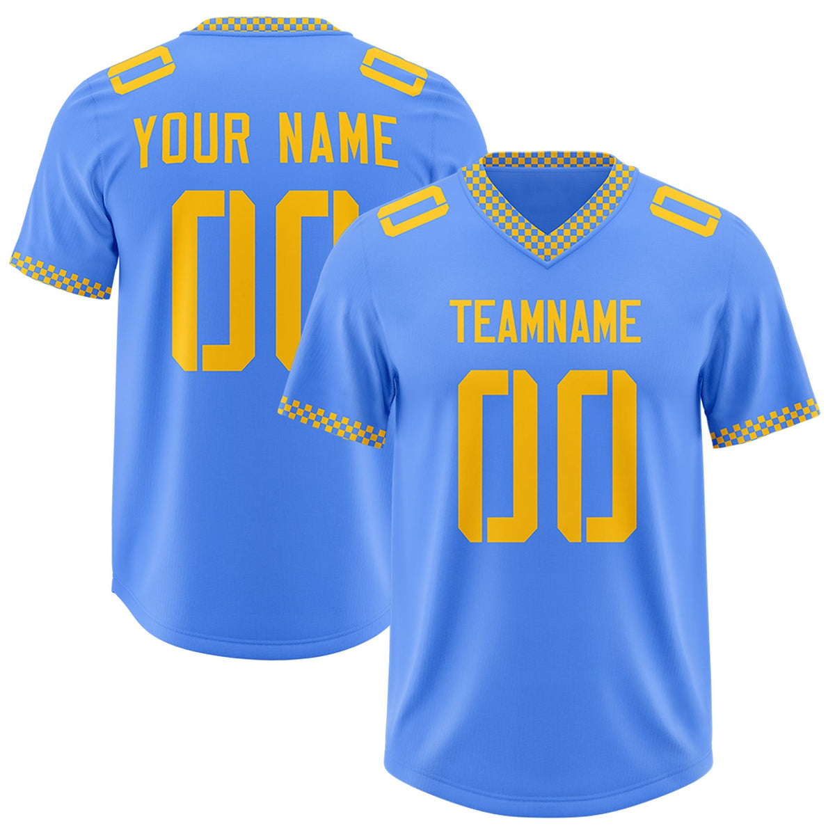 Custom Powder Blue Yellow Personalized Neckline Square Classic Authentic American Football Jersey