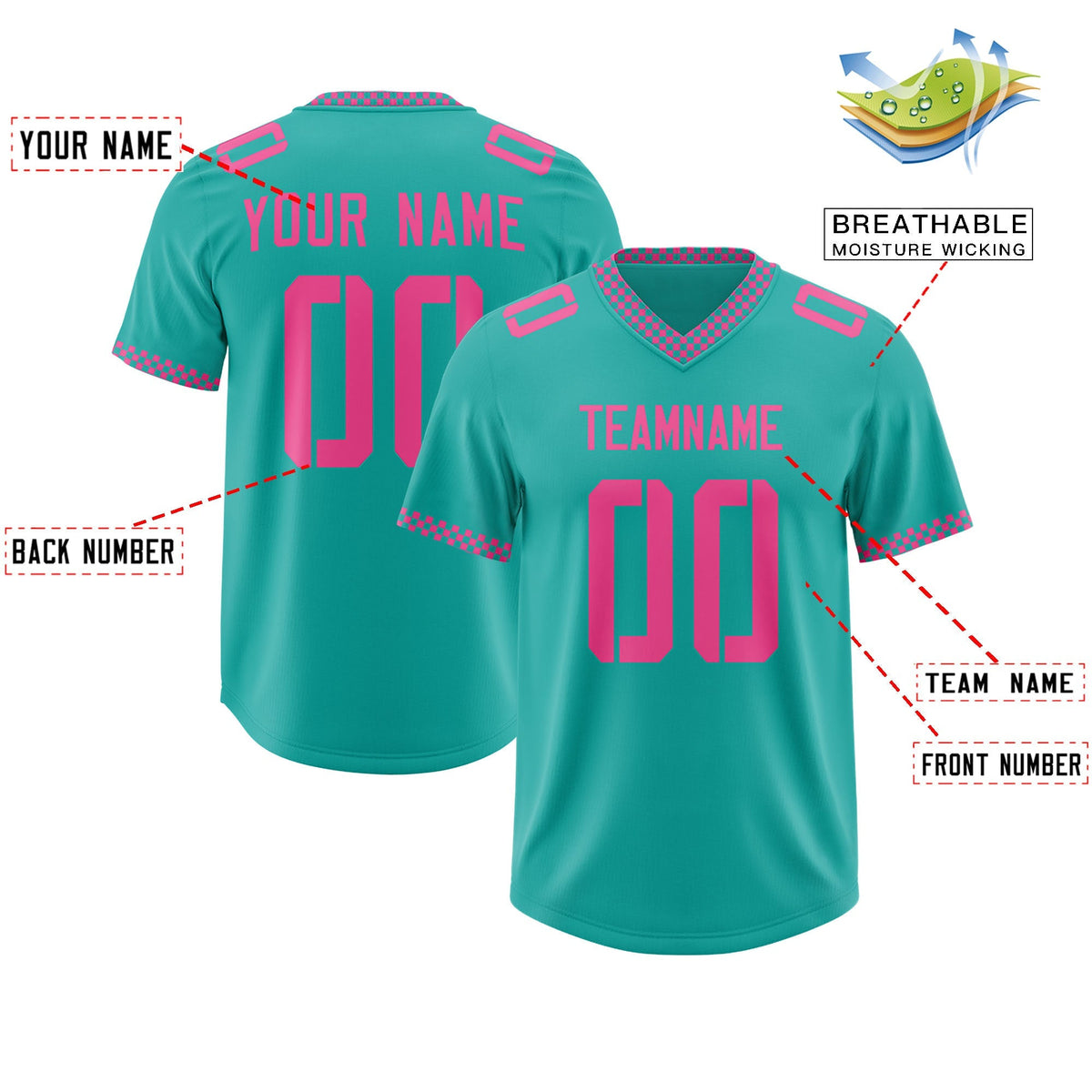 Custom Aqua Pink Personalized Neckline Square Classic Authentic American Football Jersey