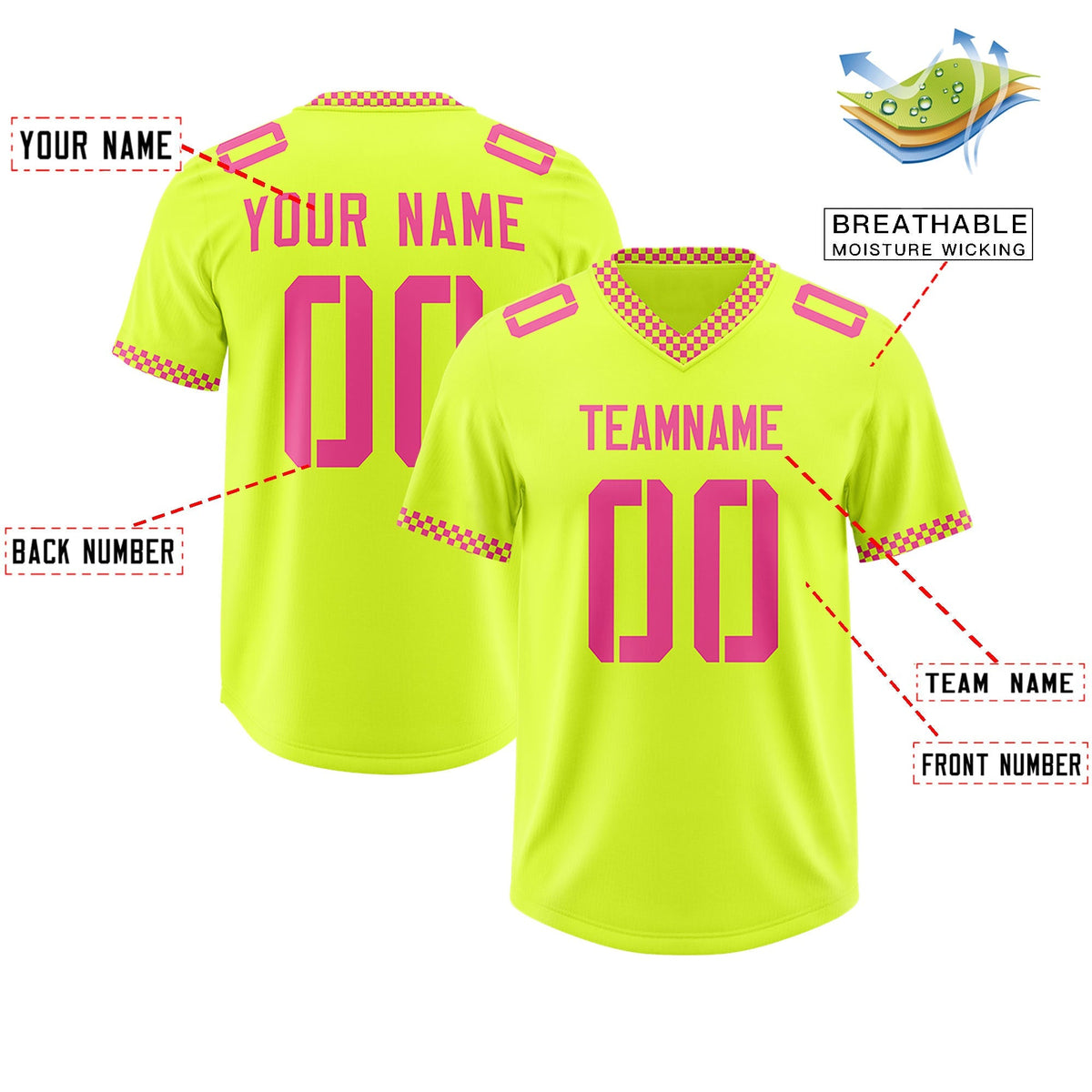 Custom Fluorescent Green Pink Personalized Neckline Square Classic Authentic American Football Jersey