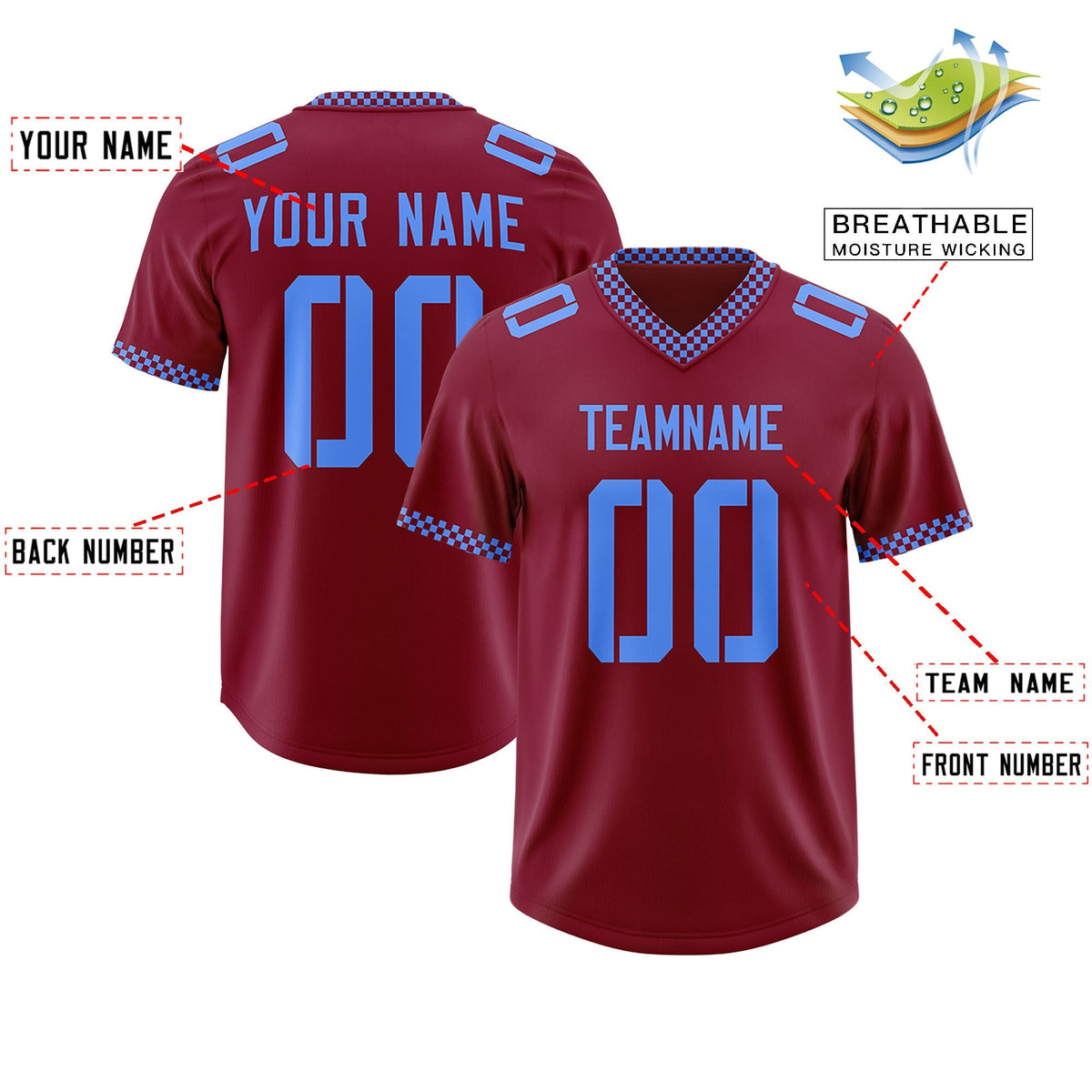 Custom Crimson Powder Blue Personalized Neckline Square Classic Authentic American Football Jersey