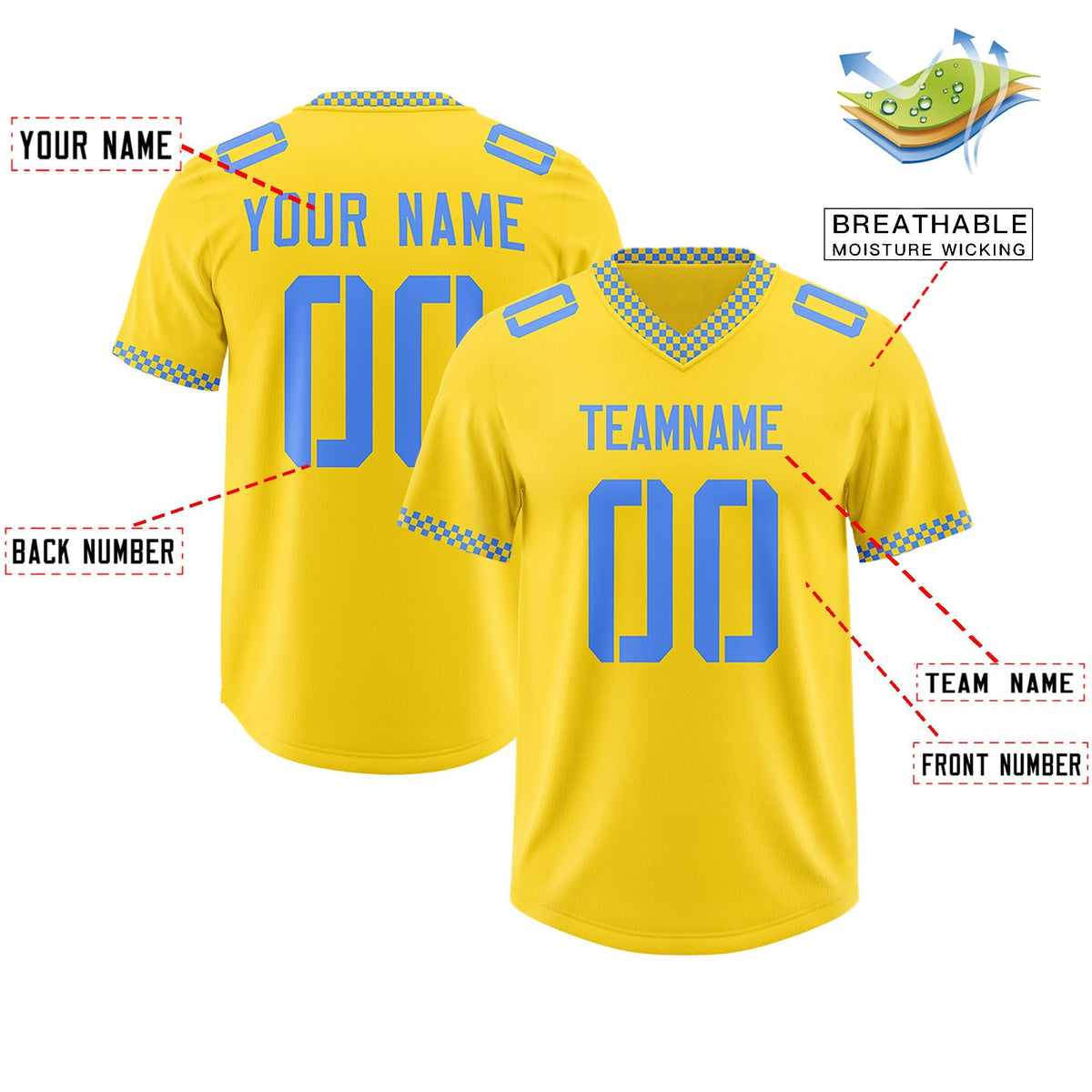 Custom Gold Powder Blue Personalized Neckline Square Classic Authentic American Football Jersey