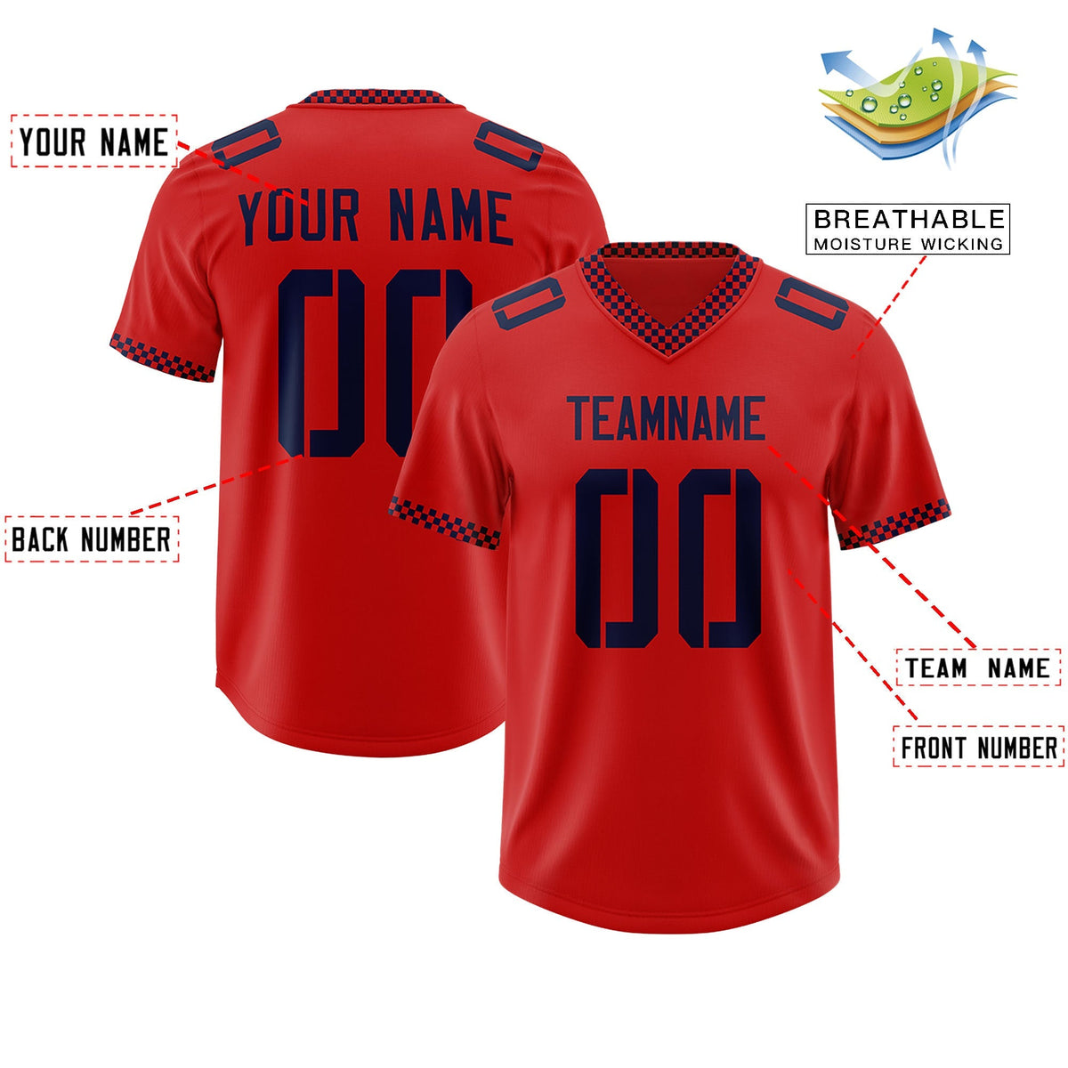 Custom Red Navy Personalized Neckline Square Classic Authentic American Football Jersey