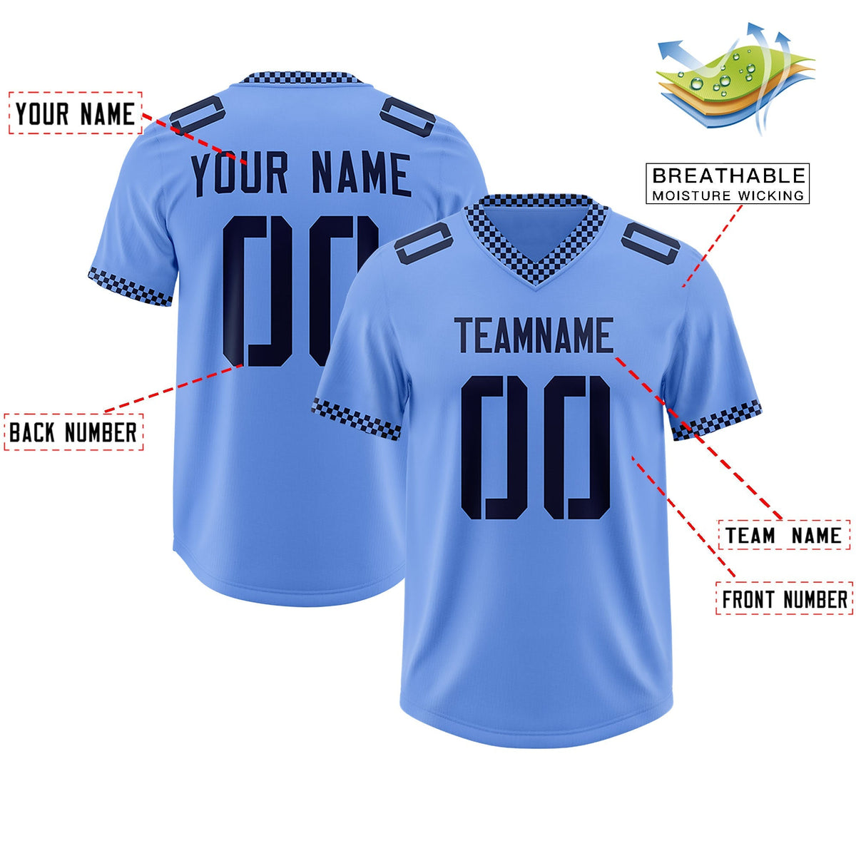 Custom Light Blue Navy Personalized Neckline Square Classic Authentic American Football Jersey