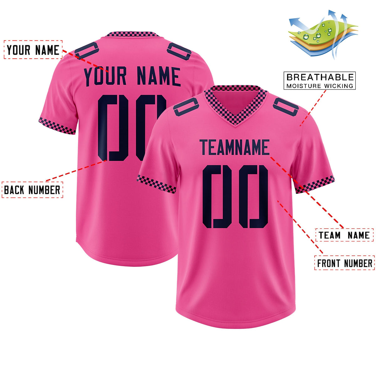 Custom Pink Navy Personalized Neckline Square Classic Authentic American Football Jersey