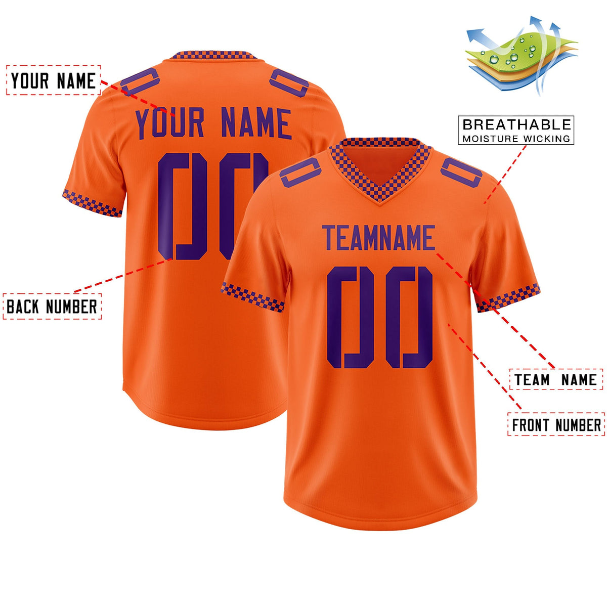 Custom Orange Purple Personalized Neckline Square Classic Authentic American Football Jersey