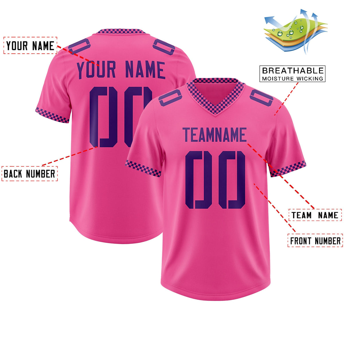 Custom Pink Purple Personalized Neckline Square Classic Authentic American Football Jersey