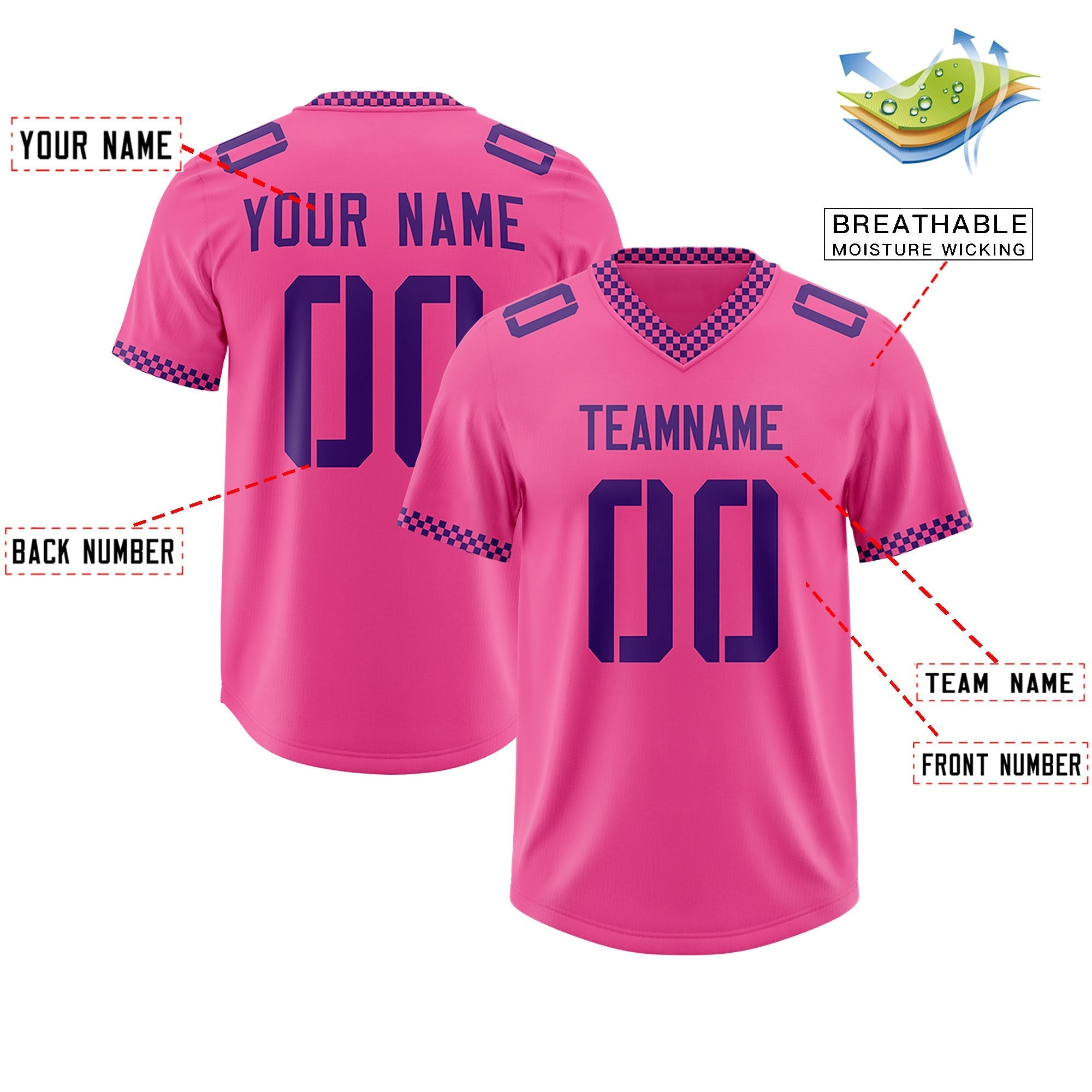 Custom Pink Purple Personalized Neckline Square Classic Authentic American Football Jersey