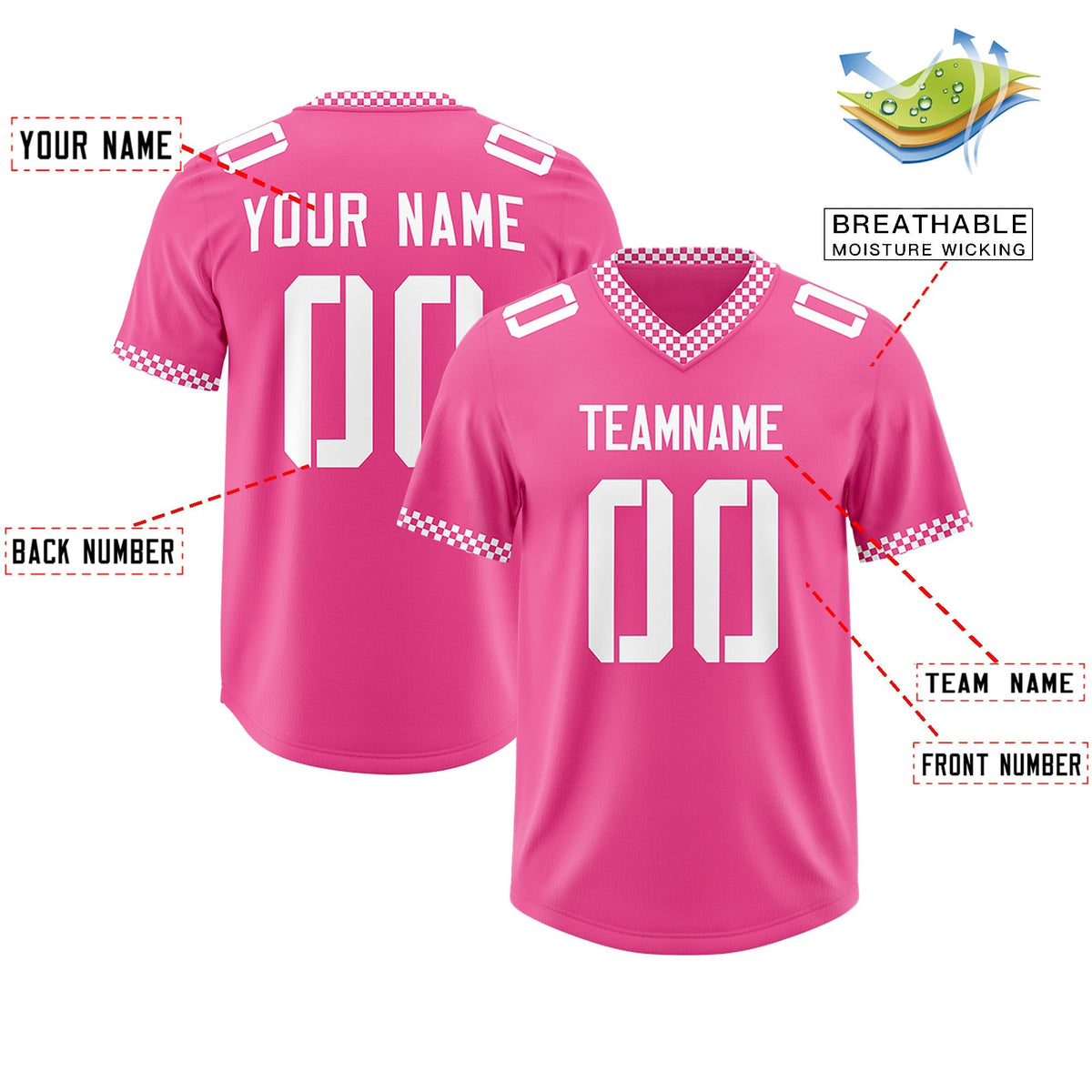 Custom Pink White Personalized Neckline Square Classic Authentic American Football Jersey