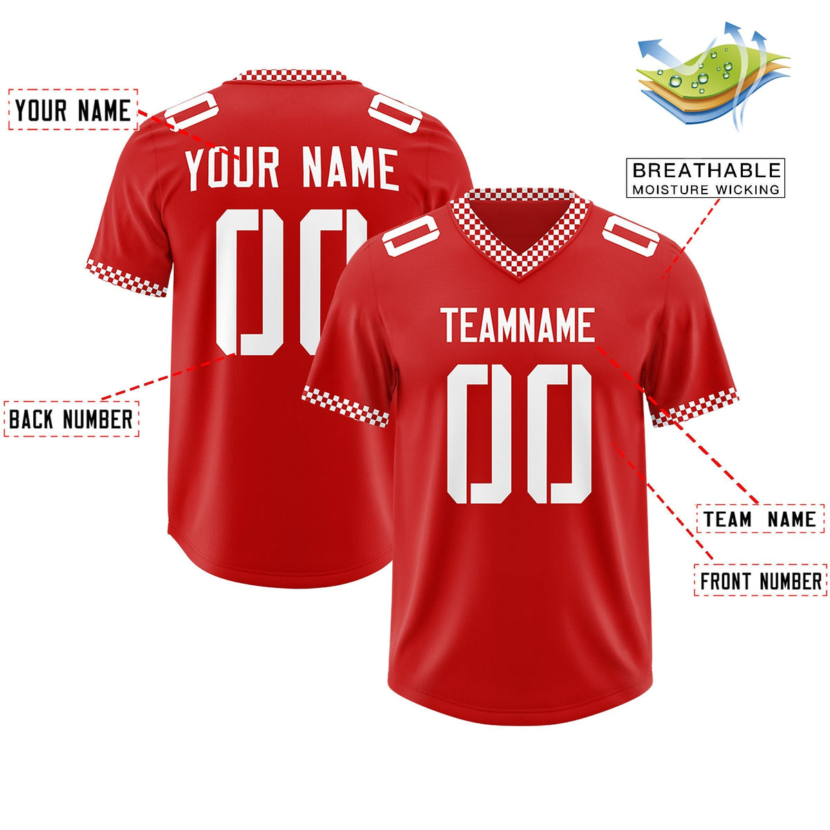 Custom Red White Personalized Neckline Square Classic Authentic American Football Jersey