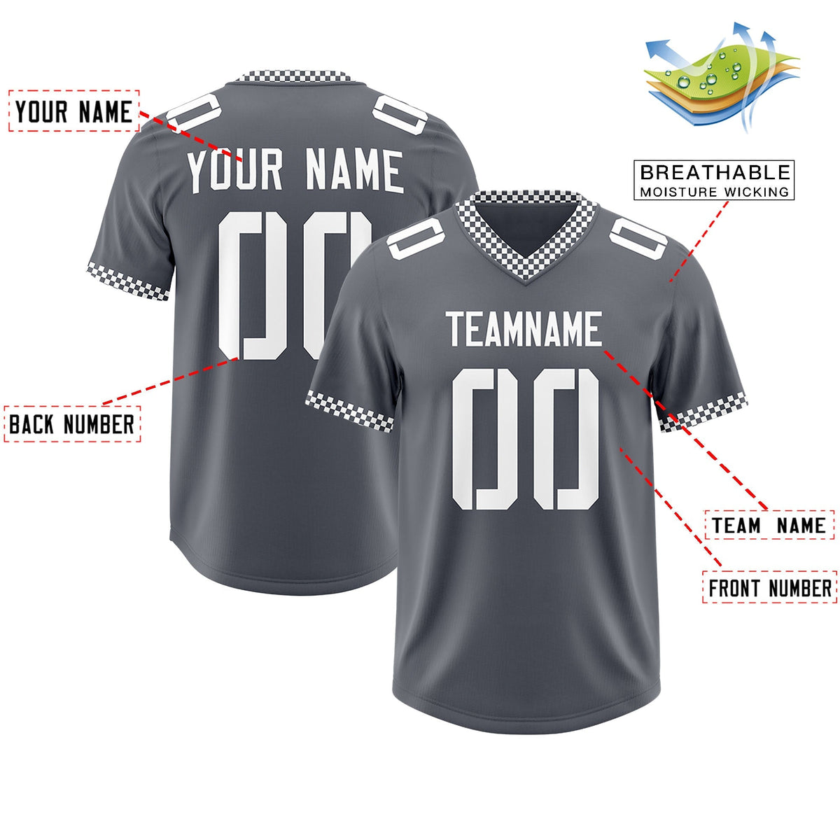 Custom Dark Gray White Personalized Neckline Square Classic Authentic American Football Jersey