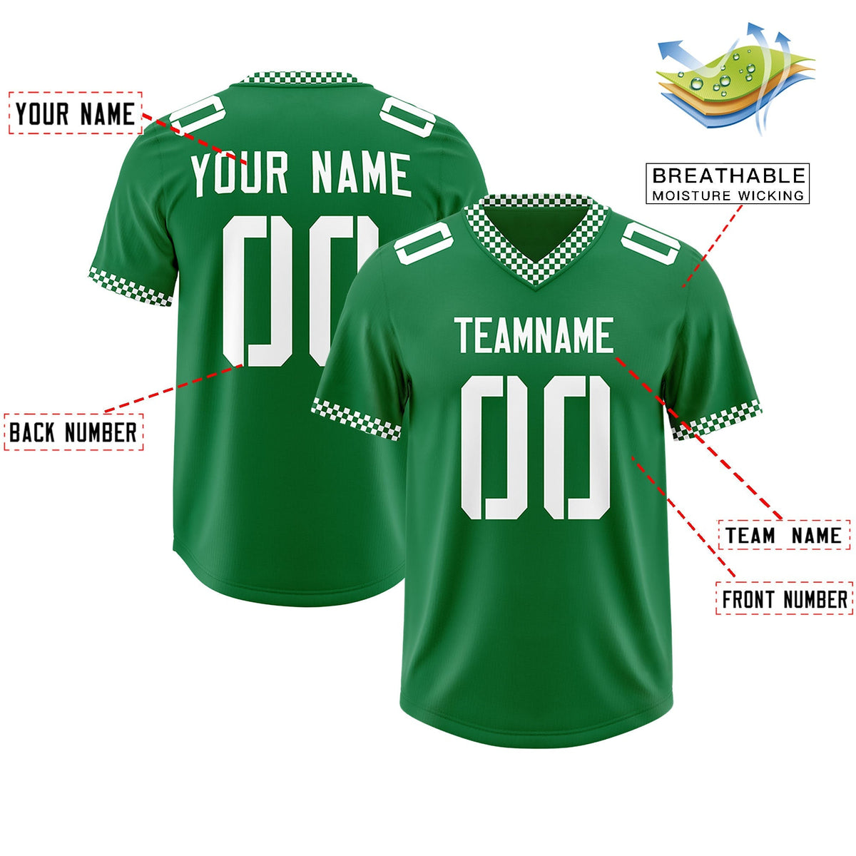 Custom Kelly Green White Personalized Neckline Square Classic Authentic American Football Jersey