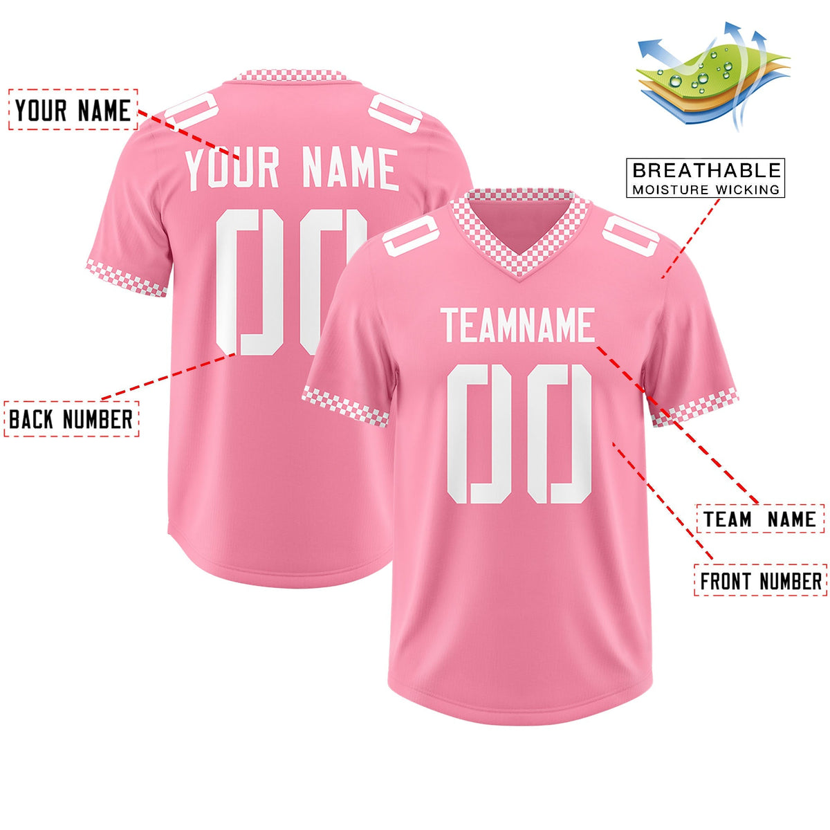 Custom Light Pink White Personalized Neckline Square Classic Authentic American Football Jersey