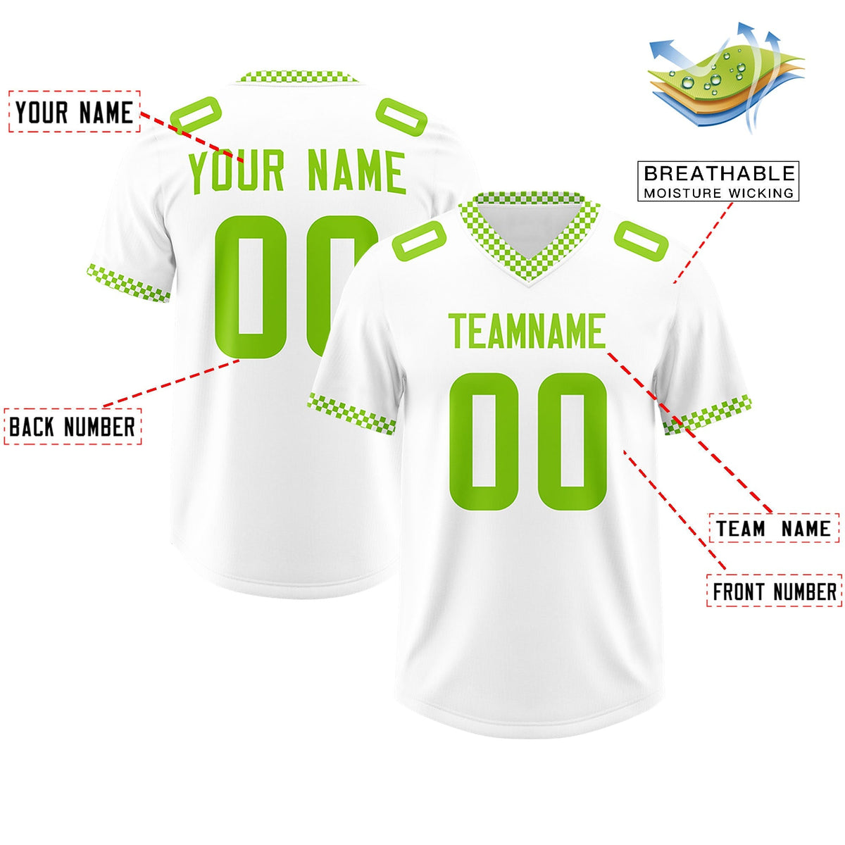 Custom White Neon Green Personalized Neckline Square Classic Authentic American Football Jersey