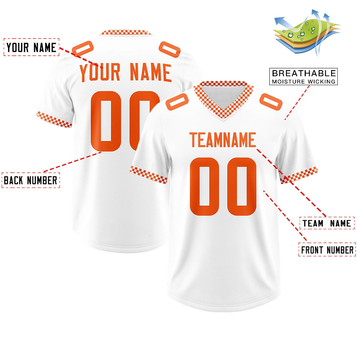 Custom White Orange Personalized Neckline Square Classic Authentic American Football Jersey