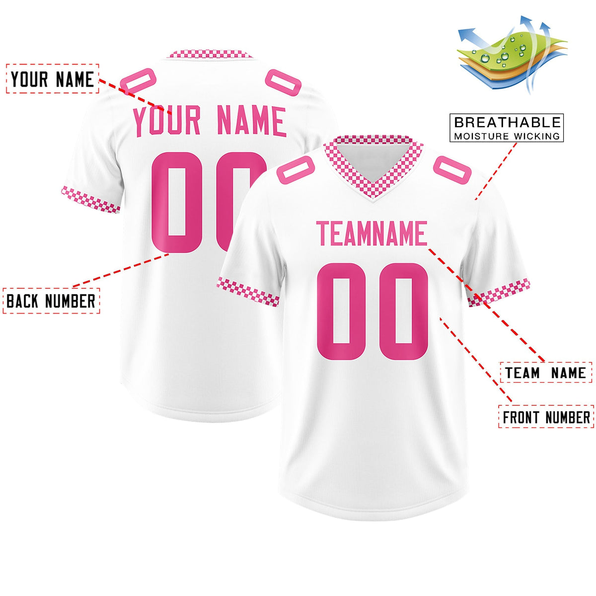 Custom White Pink Personalized Neckline Square Classic Authentic American Football Jersey