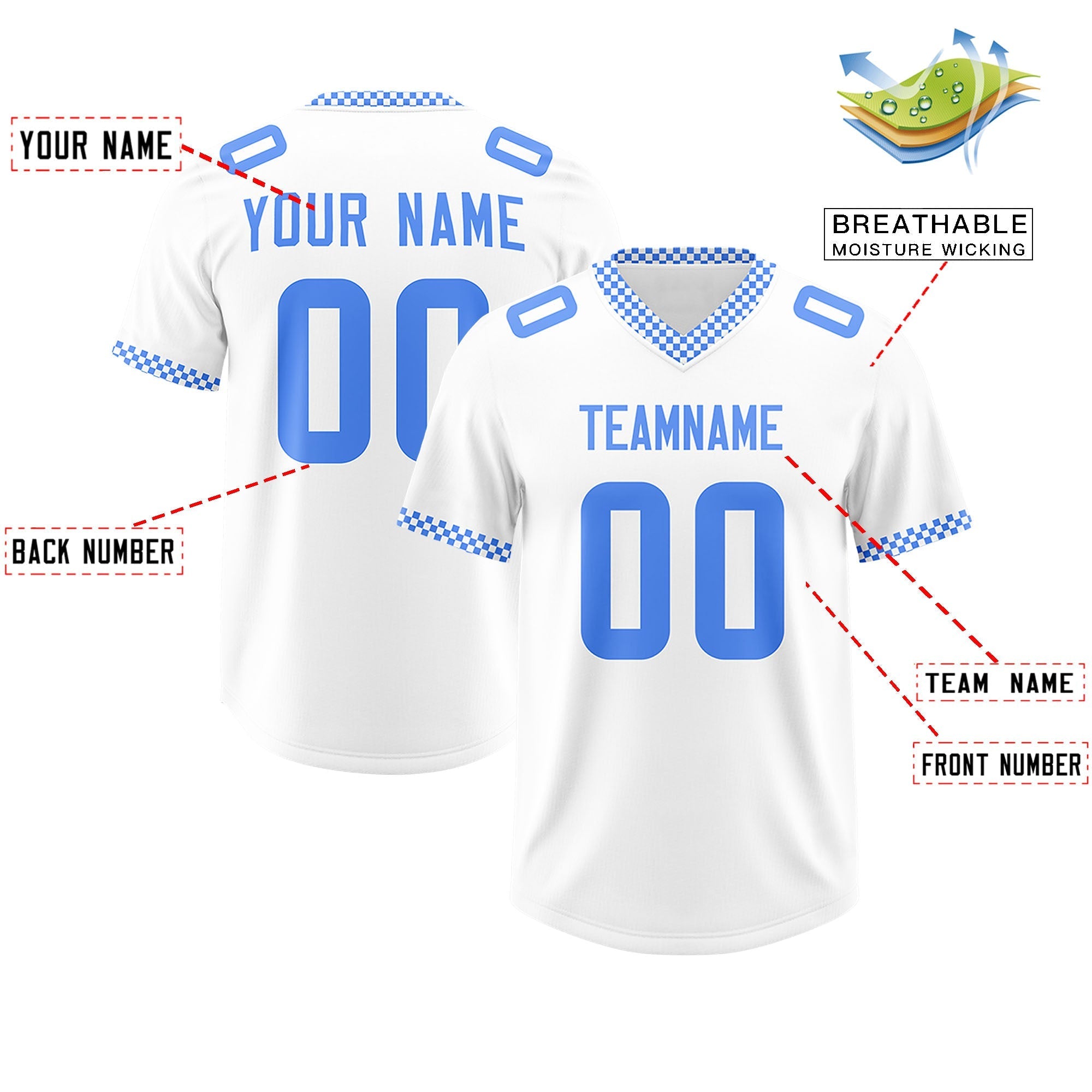 Custom White Powder Blue Personalized Neckline Square Classic Authentic American Football Jersey