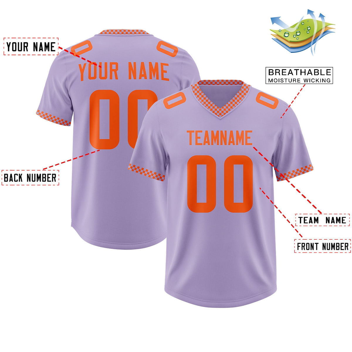 Custom Light Purple Orange Personalized Neckline Square Classic Authentic American Football Jersey