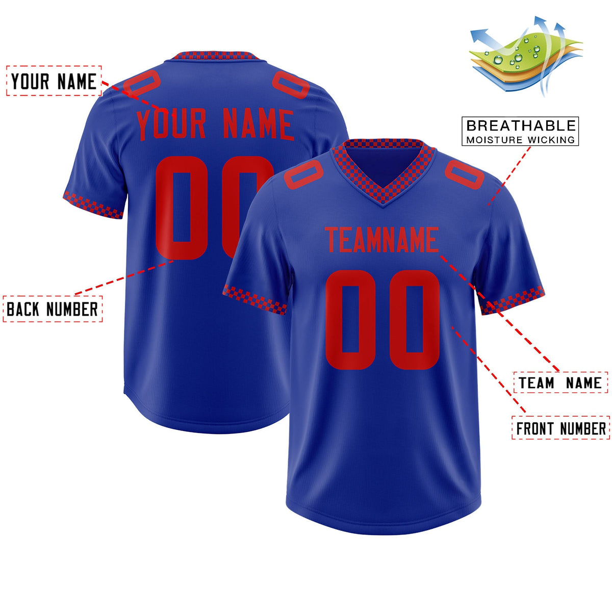 Custom Royal Red Personalized Neckline Square Classic Authentic American Football Jersey