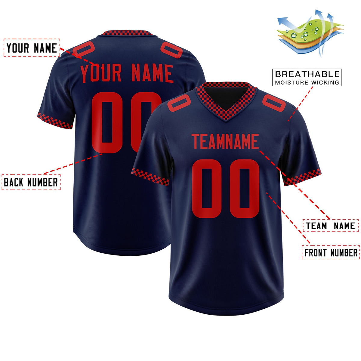 Custom Navy Red Personalized Neckline Square Classic Authentic American Football Jersey