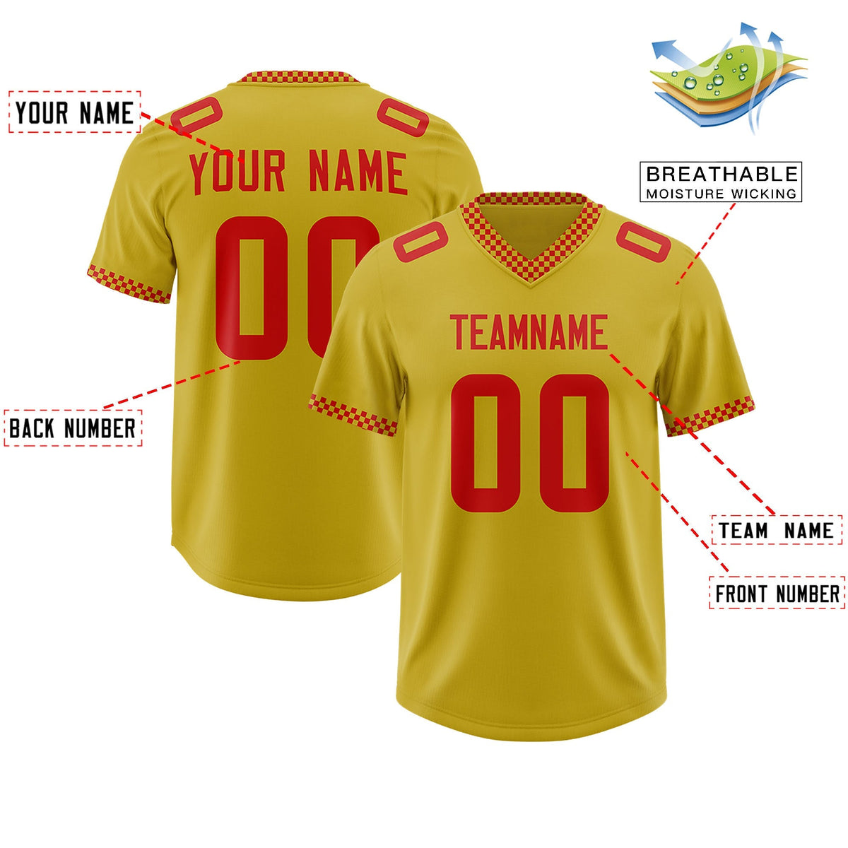 Custom Old Gold Red Personalized Neckline Square Classic Authentic American Football Jersey