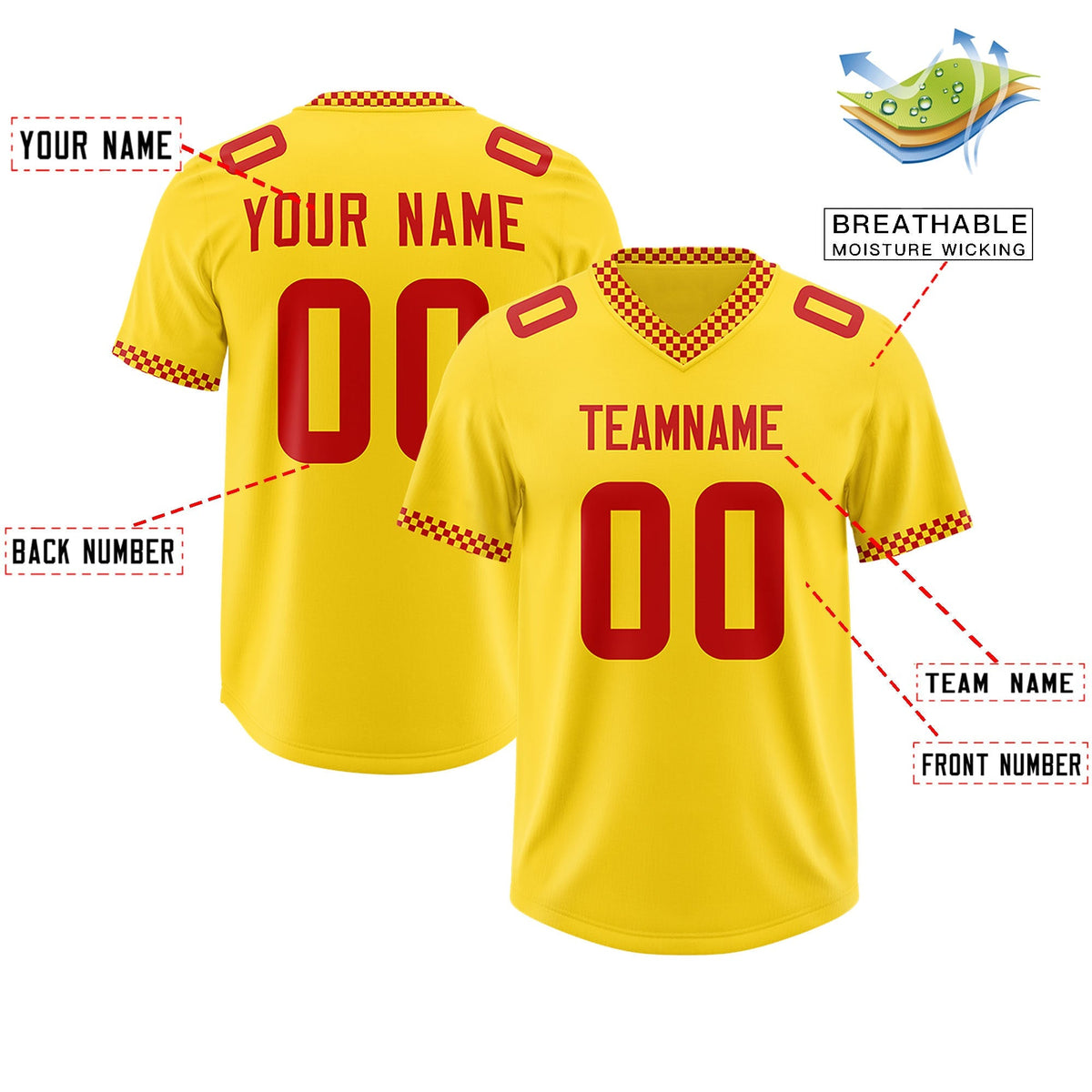 Custom Yellow Red Personalized Neckline Square Classic Authentic American Football Jersey