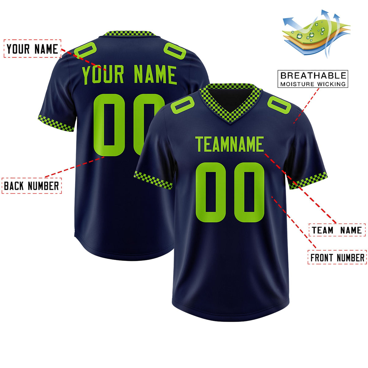 Custom Navy Neon Green Personalized Neckline Square Classic Authentic American Football Jersey