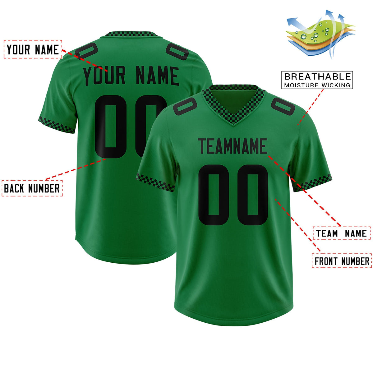Custom Kelly Green Black Personalized Neckline Square Classic Authentic American Football Jersey