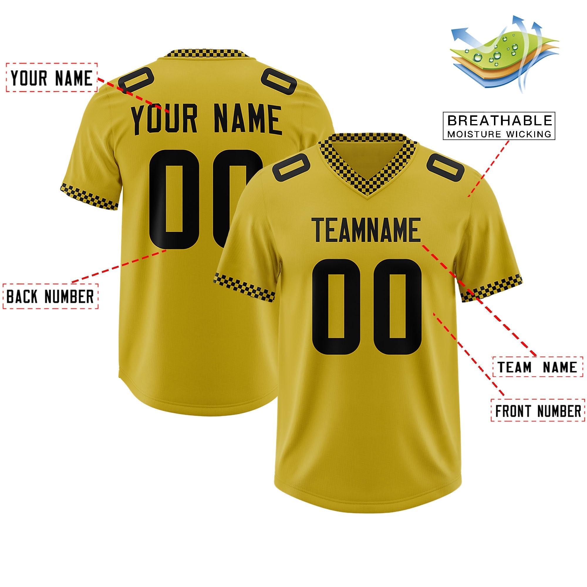 Custom Old Gold Black Personalized Neckline Square Classic Authentic American Football Jersey