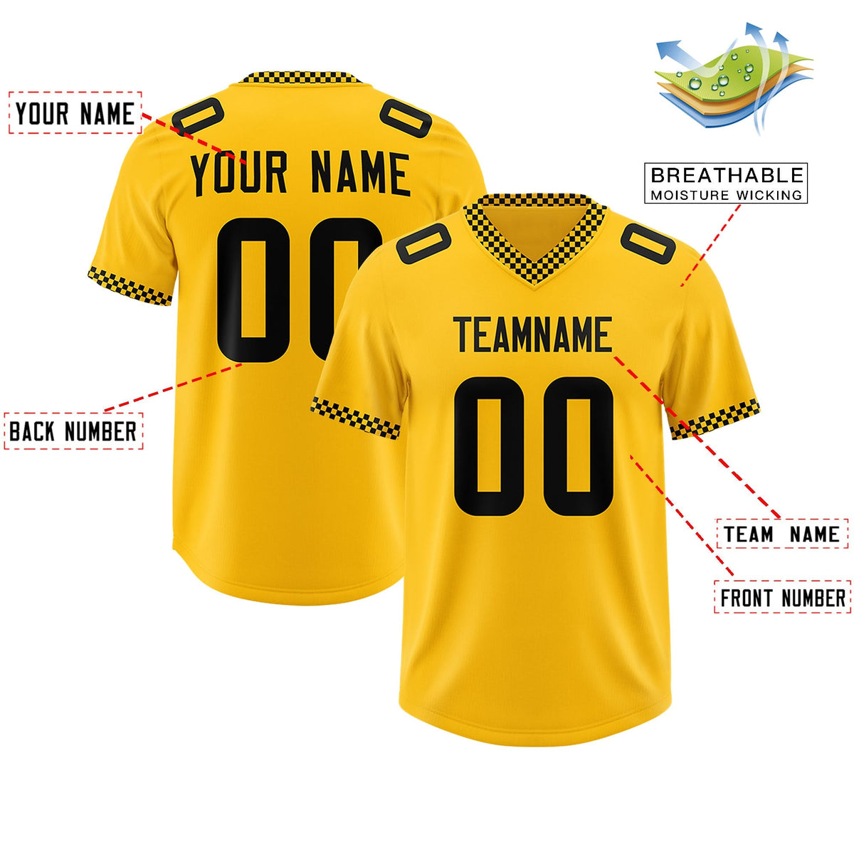 Custom Yellow Black Personalized Neckline Square Classic Authentic American Football Jersey