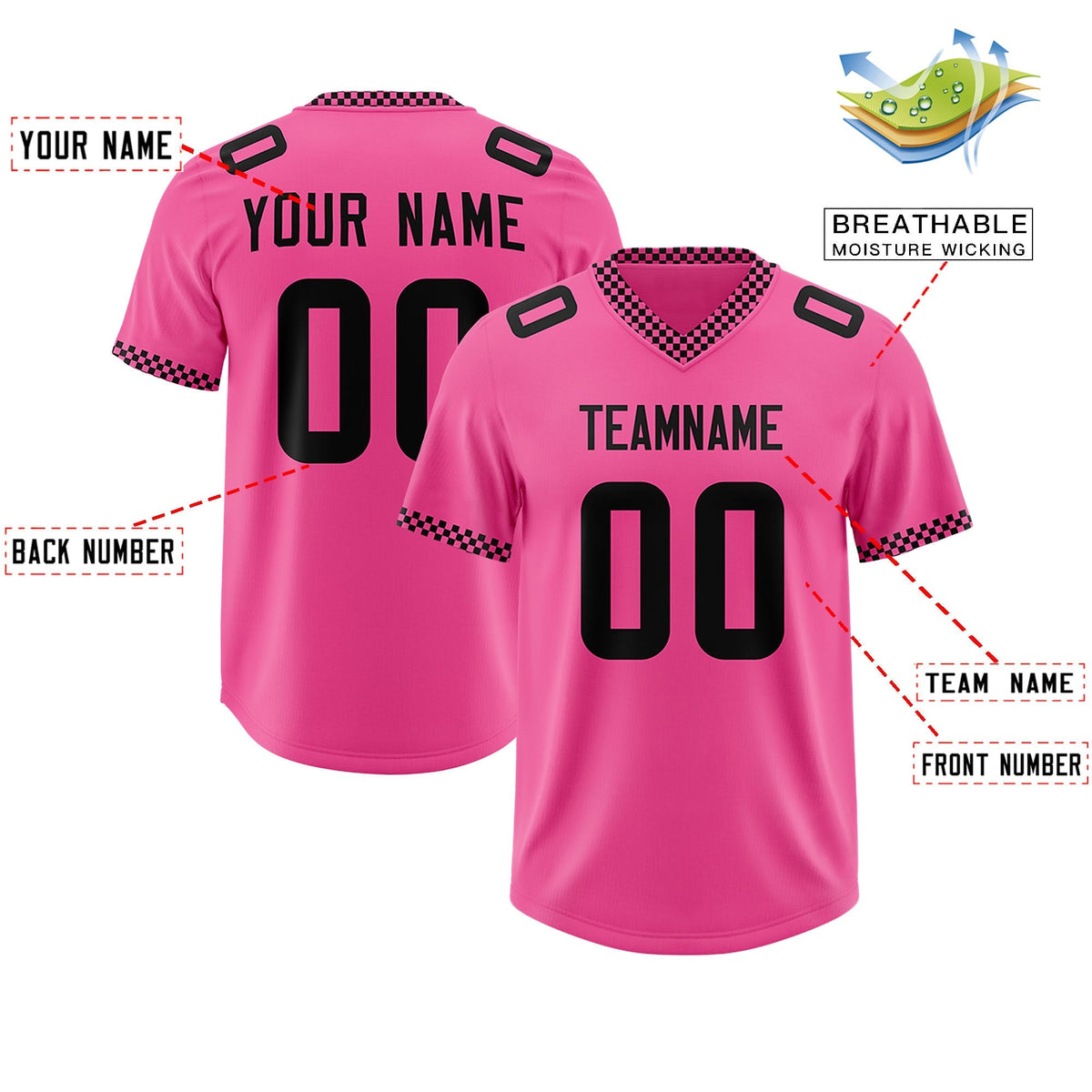 Custom Pink Black Personalized Neckline Square Classic Authentic American Football Jersey