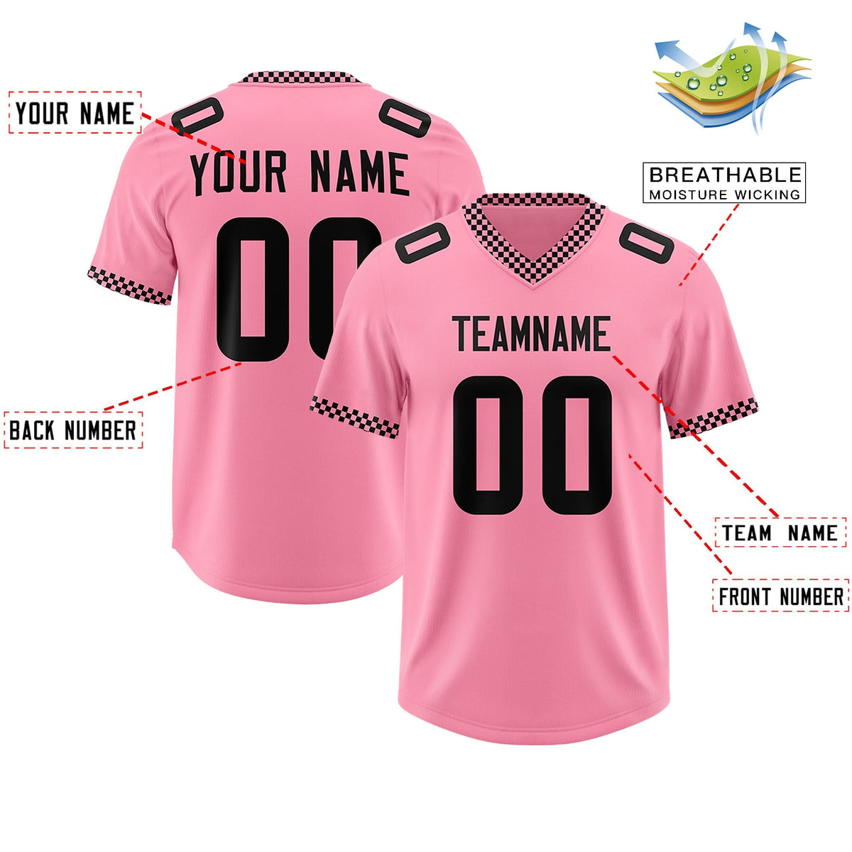 Custom Light Pink Black Personalized Neckline Square Classic Authentic American Football Jersey