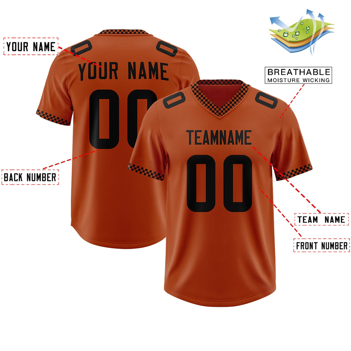 Custom Texas Orange Black Personalized Neckline Square Classic Authentic American Football Jersey