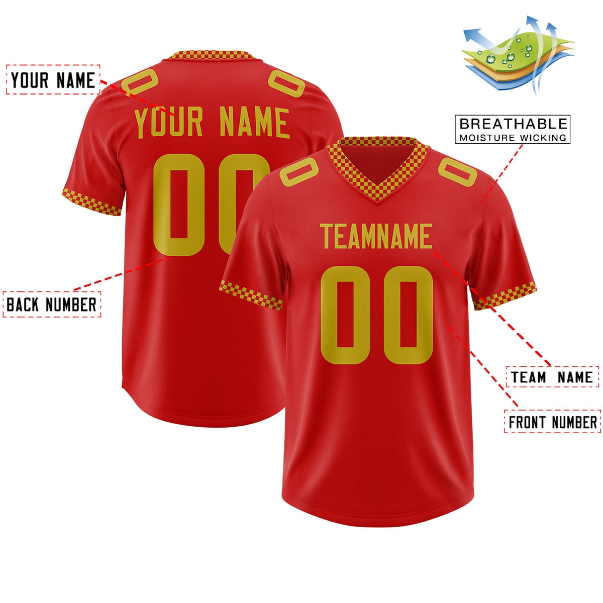Custom Red Old Gold Personalized Neckline Square Classic Authentic American Football Jersey