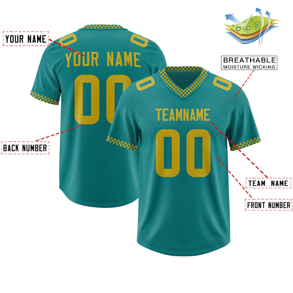 Custom Aqua Old Gold Personalized Neckline Square Classic Authentic American Football Jersey