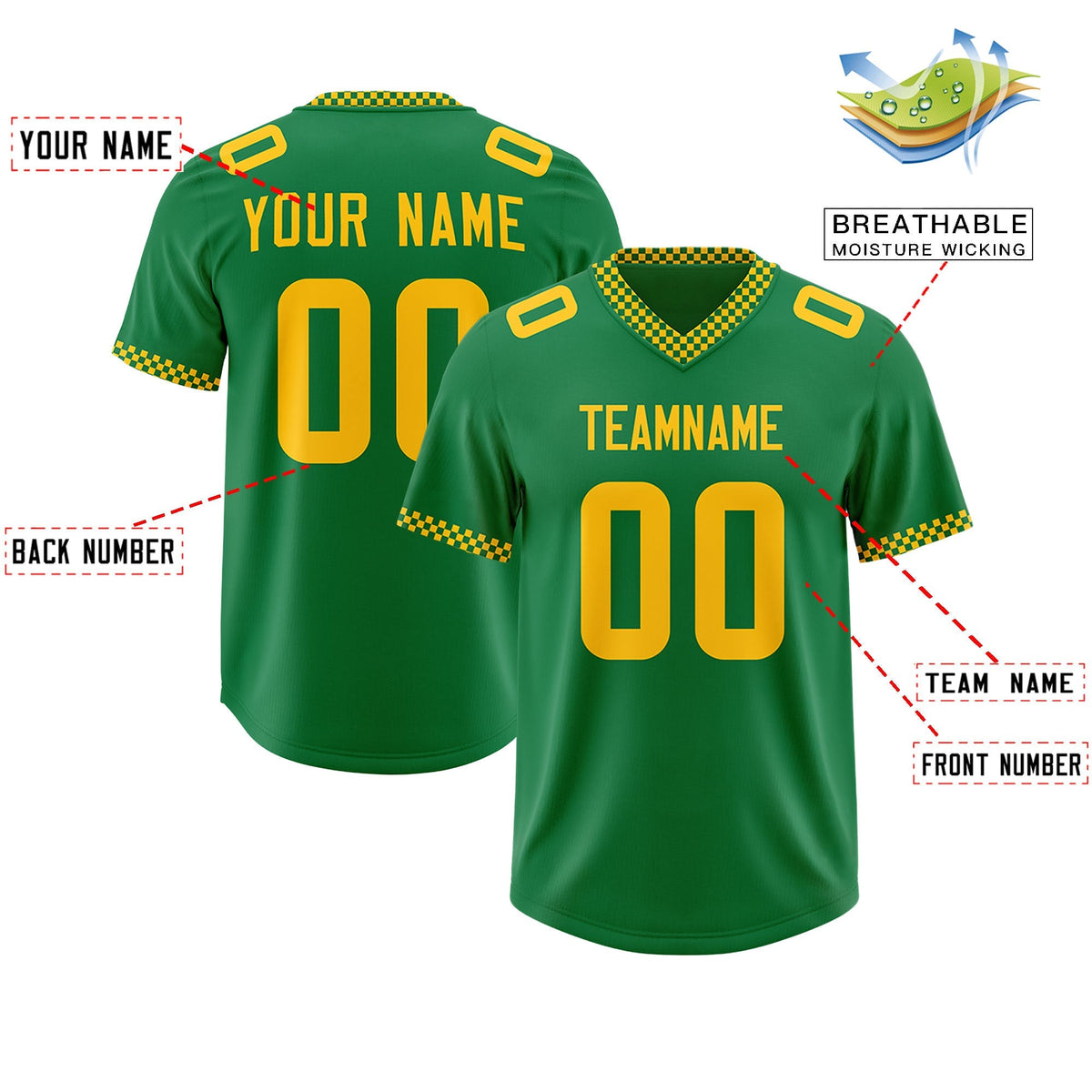 Custom Kelly Green Yellow Personalized Neckline Square Classic Authentic American Football Jersey