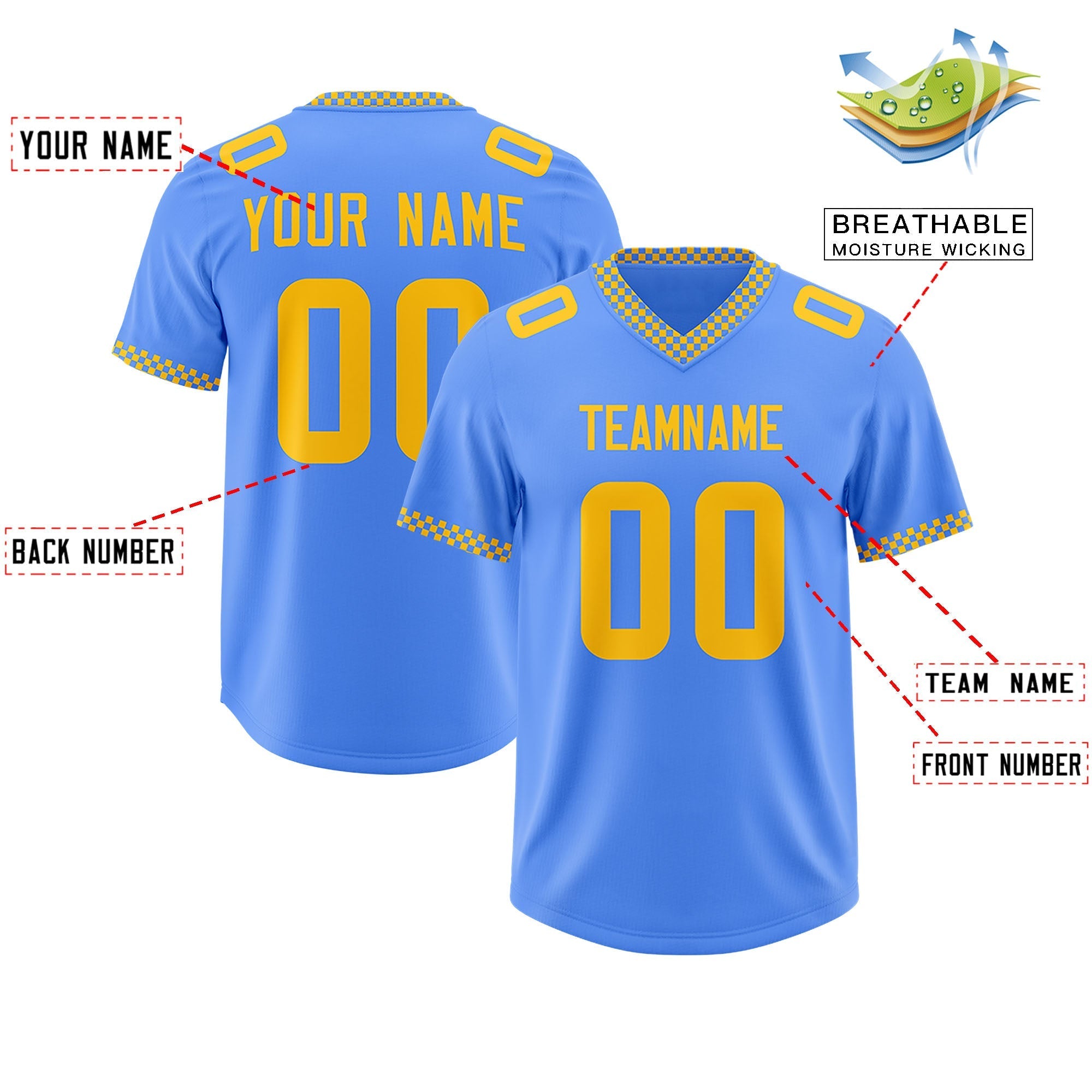 Custom Powder Blue Yellow Personalized Neckline Square Classic Authentic American Football Jersey