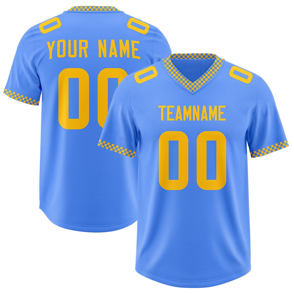 Custom Powder Blue Yellow Personalized Neckline Square Classic Authentic American Football Jersey