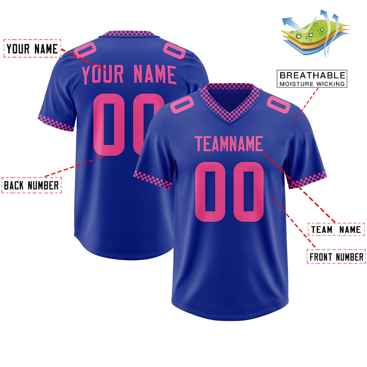 Custom Royal Pink Personalized Neckline Square Classic Authentic American Football Jersey