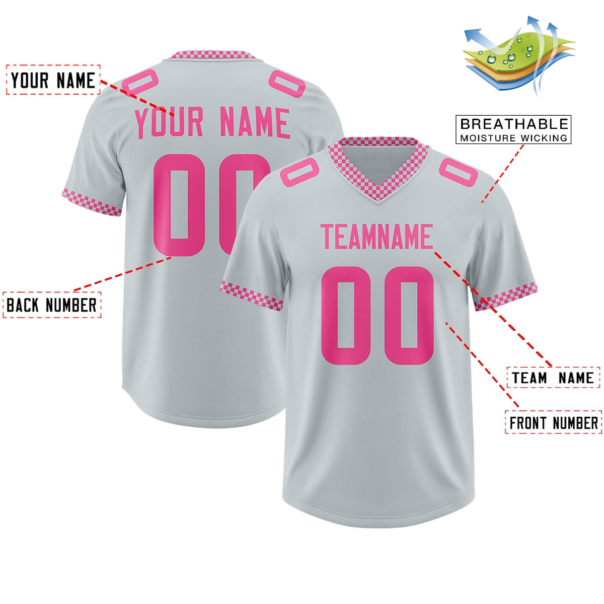 Custom Silver Pink Personalized Neckline Square Classic Authentic American Football Jersey