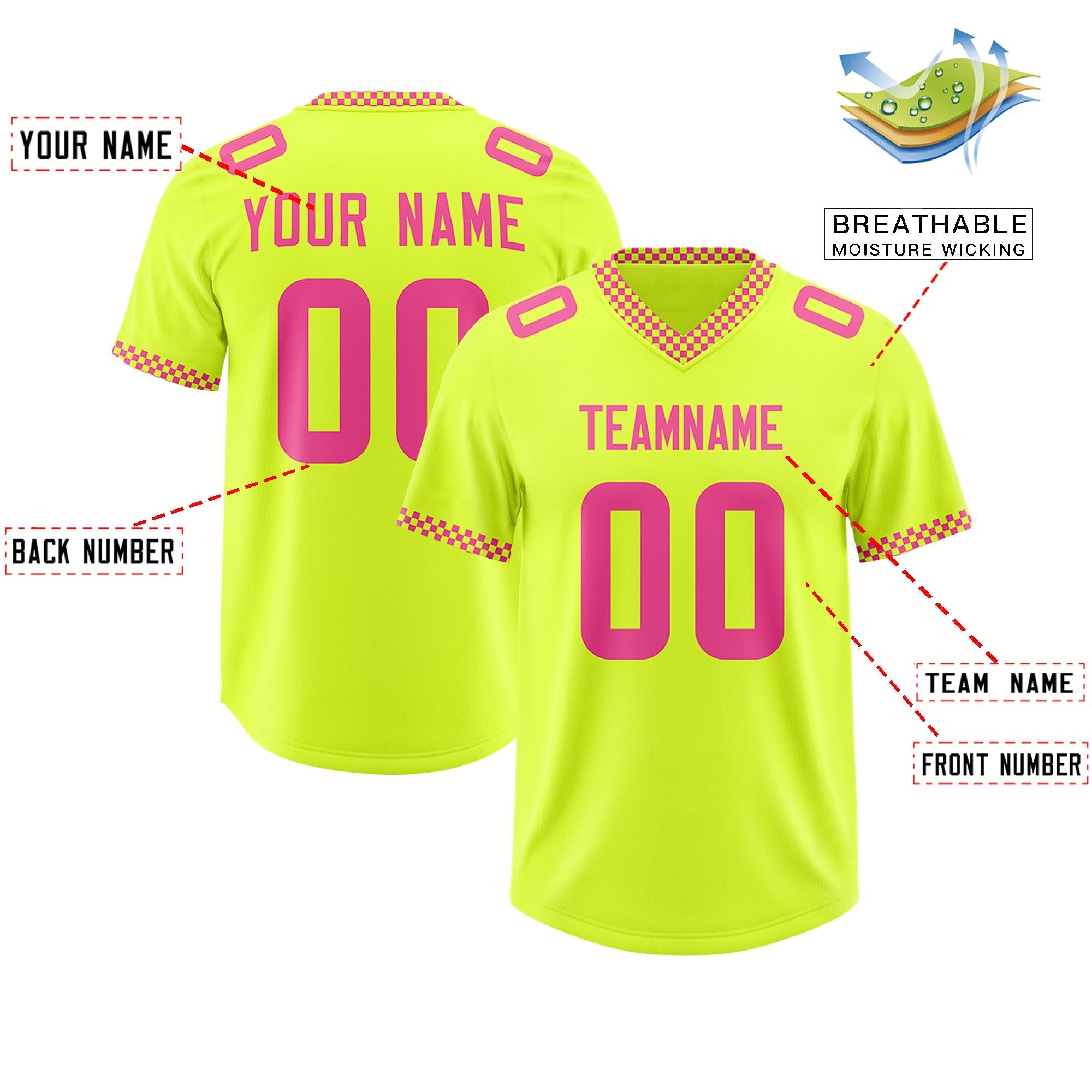 Custom Fluorescent Green Pink Personalized Neckline Square Classic Authentic American Football Jersey
