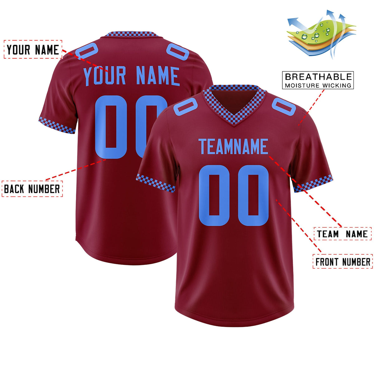 Custom Crimson Powder Blue Personalized Neckline Square Classic Authentic American Football Jersey