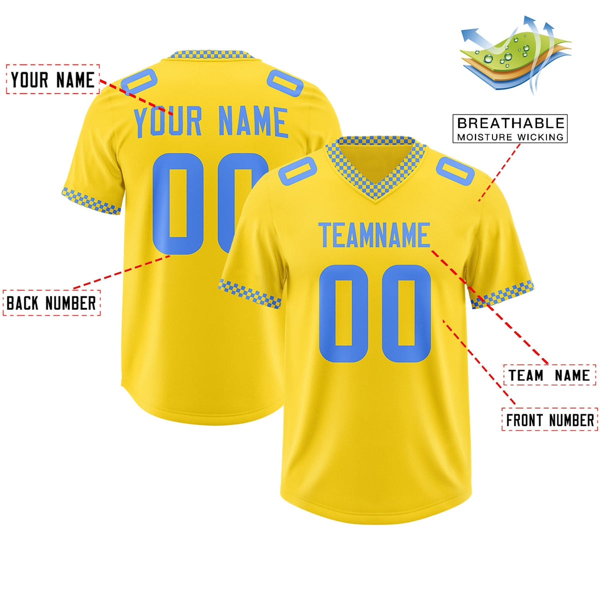 Custom Gold Powder Blue Personalized Neckline Square Classic Authentic American Football Jersey