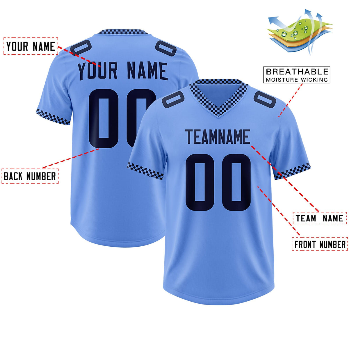Custom Light Blue Navy Personalized Neckline Square Classic Authentic American Football Jersey