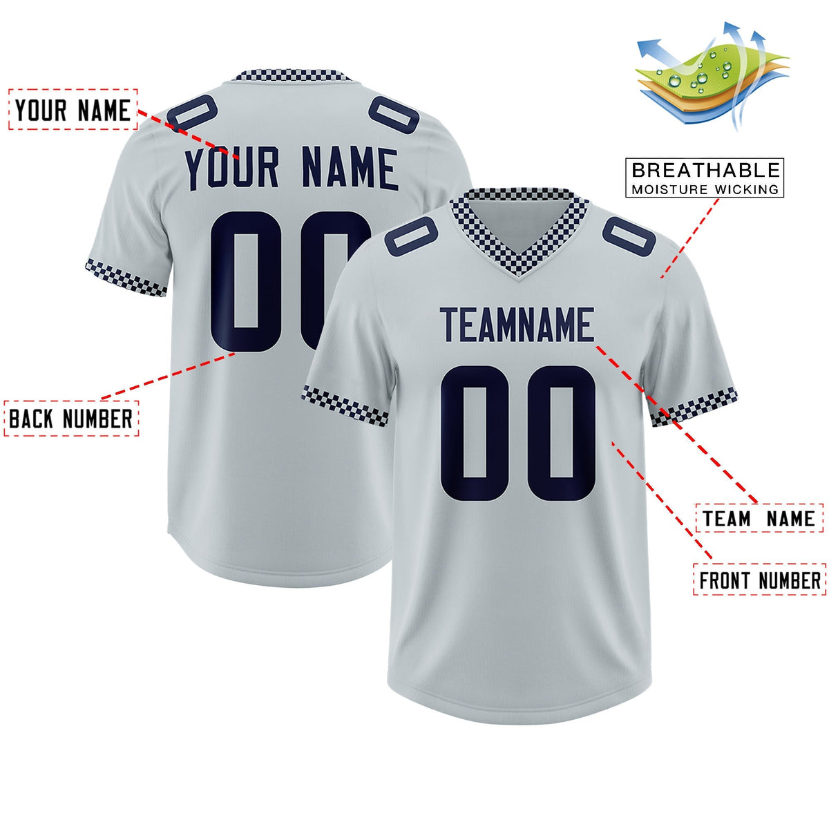 Custom Silver Navy Personalized Neckline Square Classic Authentic American Football Jersey