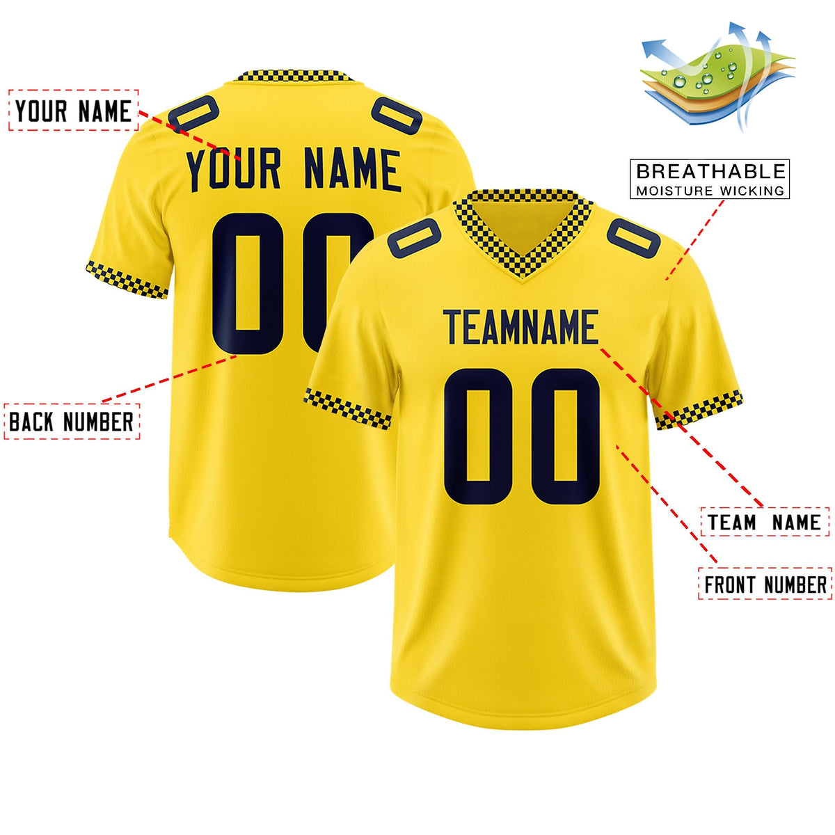 Custom Gold Navy Personalized Neckline Square Classic Authentic American Football Jersey