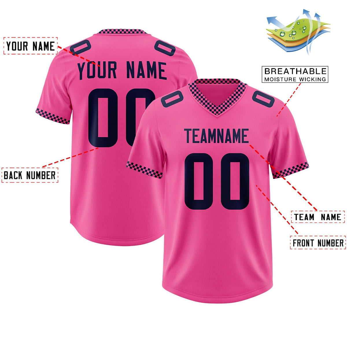 Custom Pink Navy Personalized Neckline Square Classic Authentic American Football Jersey