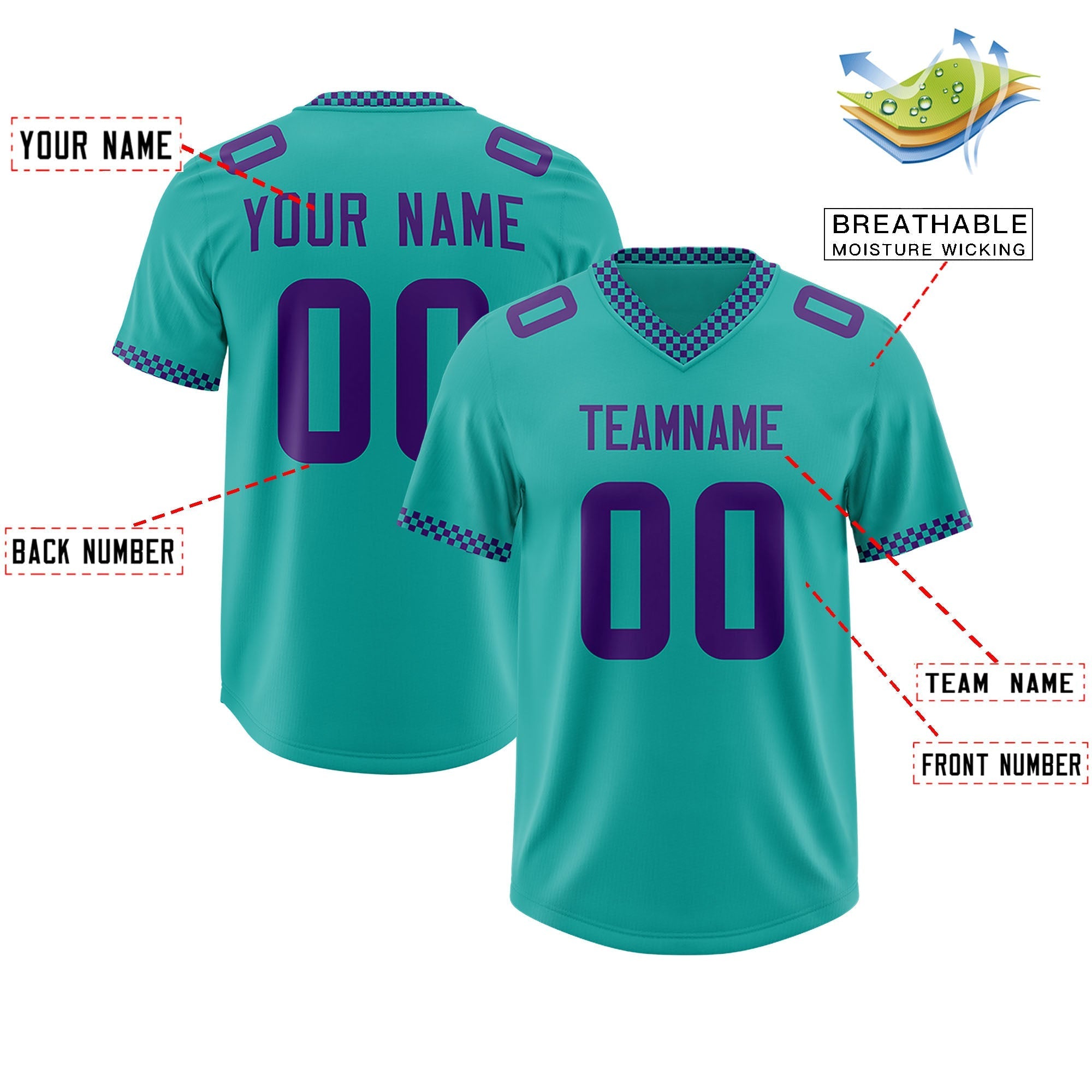 Custom Aqua Purple Personalized Neckline Square Classic Authentic American Football Jersey
