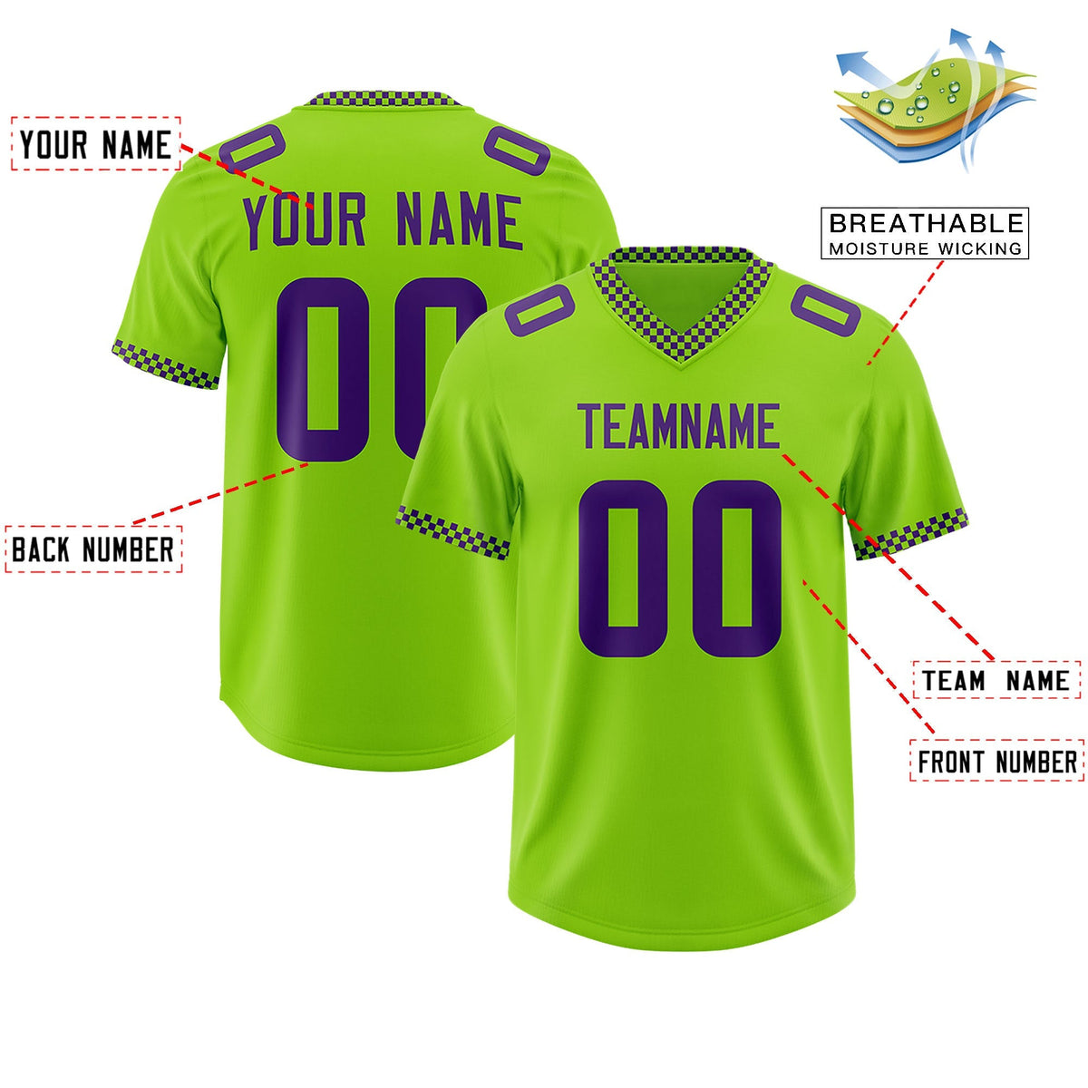 Custom Neon Green Purple Personalized Neckline Square Classic Authentic American Football Jersey