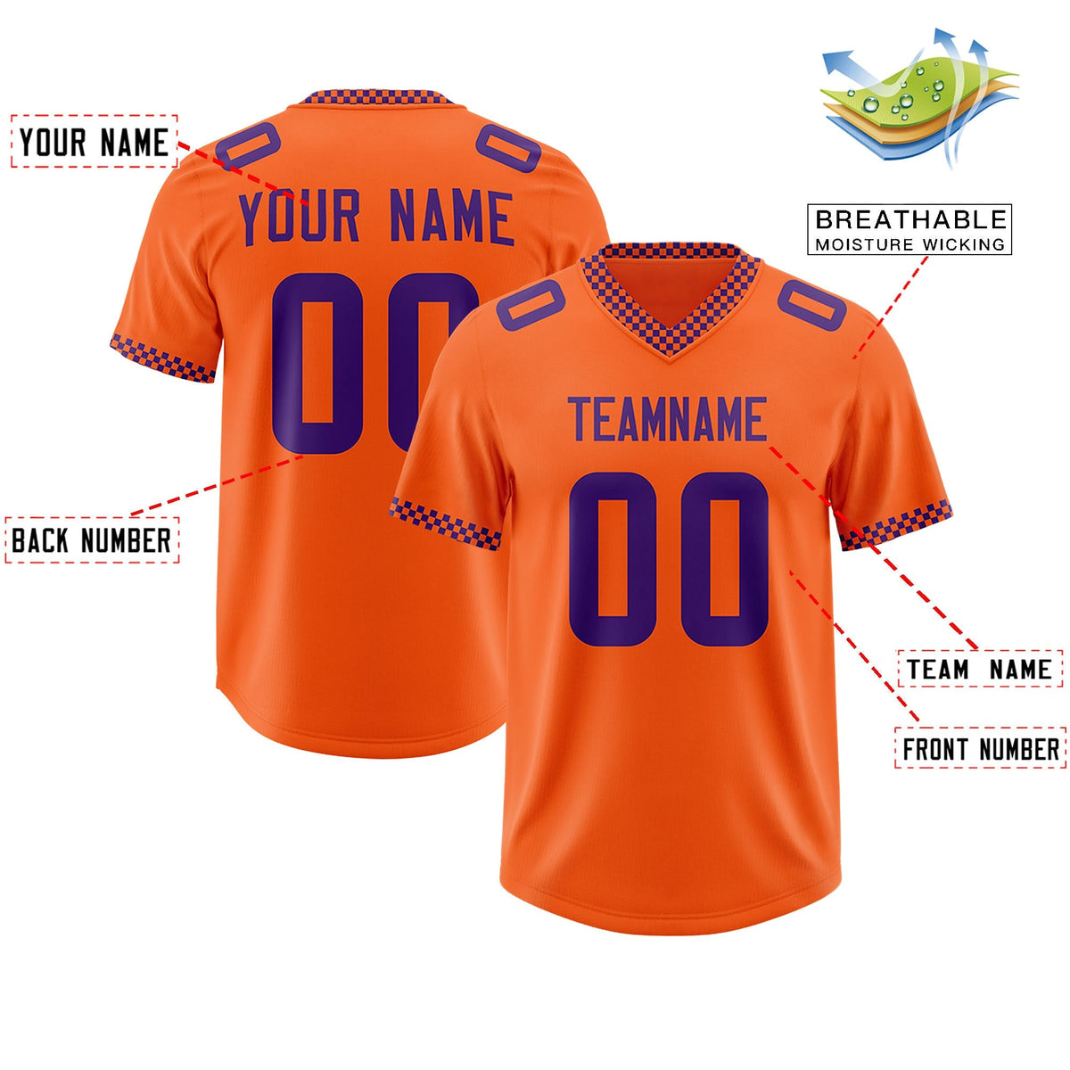 Custom Orange Purple Personalized Neckline Square Classic Authentic American Football Jersey